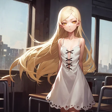 1girl, solo, kizu_long, oshino shinobu, blonde hair, long hair, yellow eyes, (white negligee), standing, classroom, expressionless, bored, looking at viewer <lora:char-shinobu-multi:1>