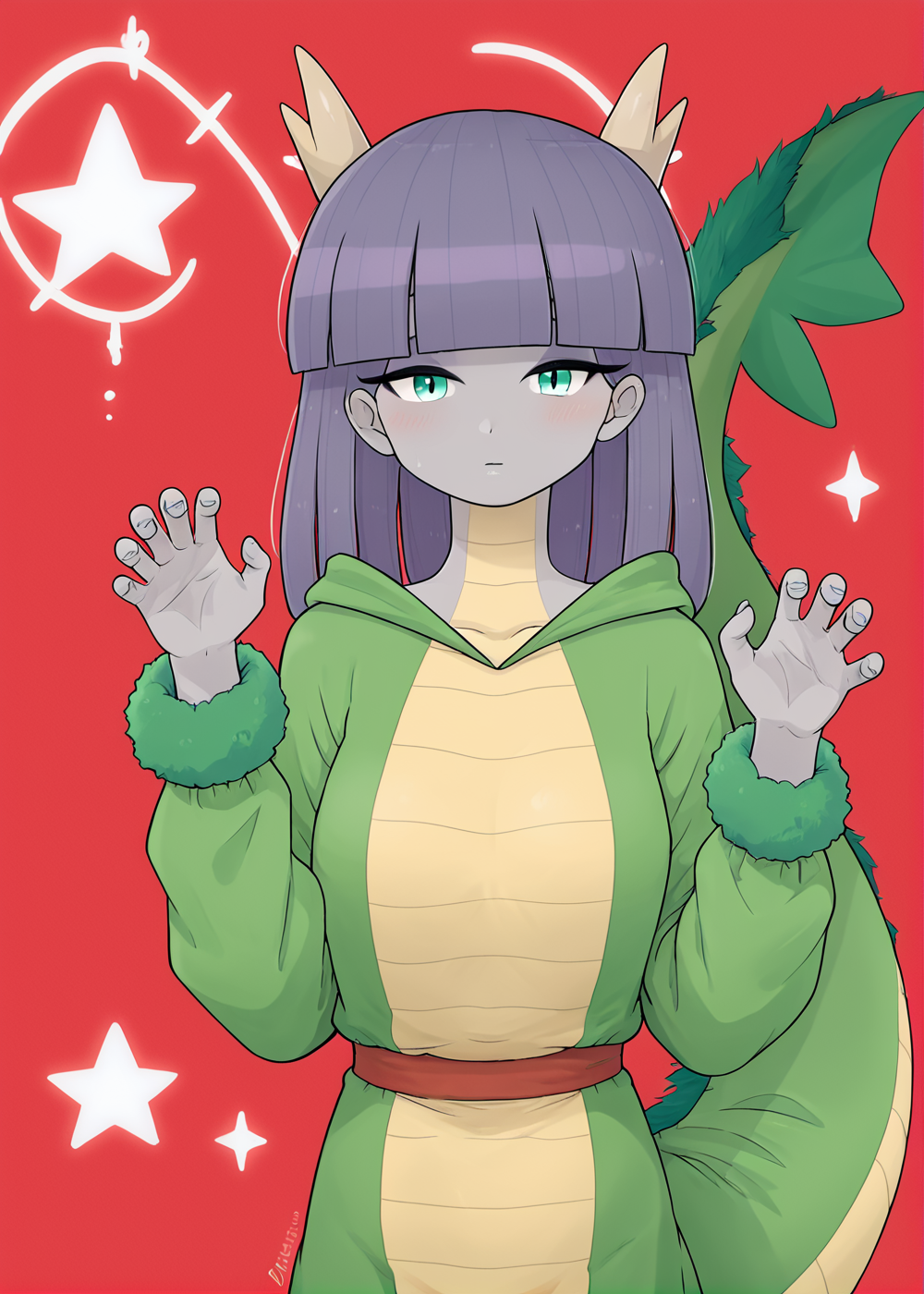 score_9,score_8_up,score_7_up,
 <lora:maudpie_pony:0.8>,maudpie,
 1girl, solo, ,dragon costume,hands up,rawr,hand detail