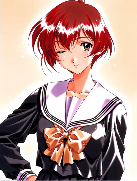 masterpiece,best quality,newest,
1girl,solo,
1990s \(style\),retro artstyle,<lora:nanase_yuuilxl_v1.0:1>,n_yuu,short hair,red hair,brown eyes,y_clothes,black serafuku,long sleeves,
<lora:Fixhands_anime_bdsqlsz_V1:1>,looking_at_viewer,white_background,simple_background,upper_body,one eye closed,:d,portrait,hand on own hip,standing,closed mouth,