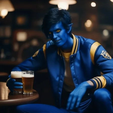 cinematic photo a full body man with blue body paint, yellow eyes, blue devil tail, blue hands, vintage baseball jacket and pants, having a beer in a pub <lora:NightCrawler1024:0.9> . 35mm photograph, film, bokeh, professional, 4k, highly detailed