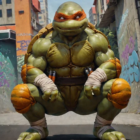 score_9, score_8_up, score_8, michelangelo, male, anthro, solo, green skin, white eyes, muscular, 3 fingers, 2 toes, turtle shell, orange mask, orange shoulder pads, orange knee pads, bandages, nunchucks, crouching, smirk, teeth, looking at viewer, low angle, outdoors, skatepark, graffiti
