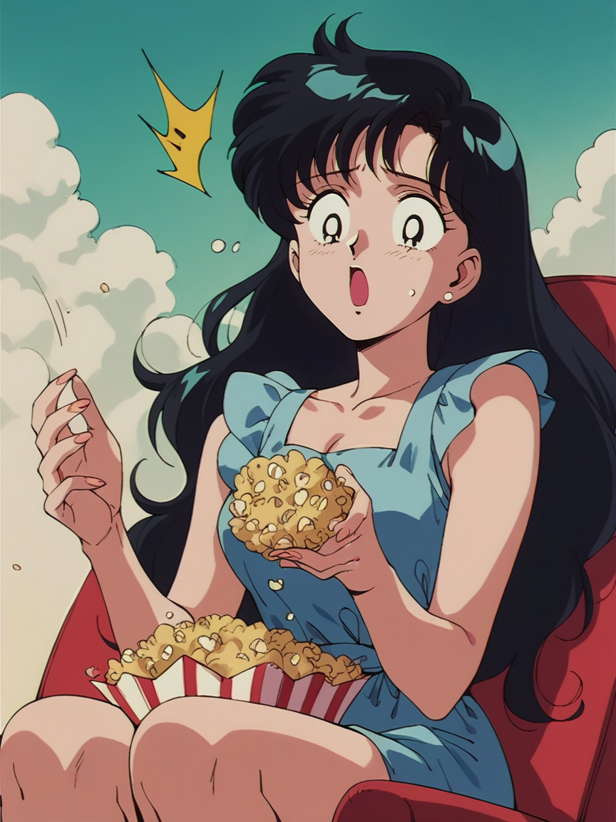score_9, score_8_up, score_7_up, score_6_up, score_5_up,   <lora:s41l0rm00nXLP:1> s41l0rm00n, retro artstyle, 1girl, black hair, long hair, popcorn, surprised,