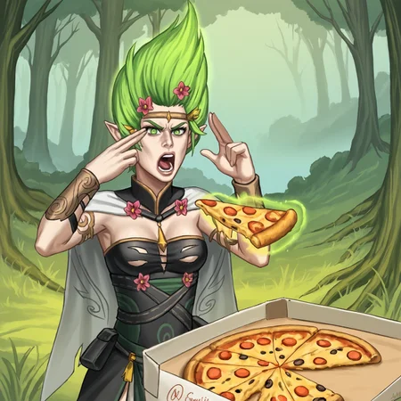 score_7_up, score_6_up, a20t43c-dh, dutch angle BREAK, ManLevitatingPizzaMeme, pizza, pizza box, pizza slice, yelling, SpellSinger, pointy ears, elf, green eyes, looking at viewer,solo, forest, gloweing, magic aura score_7_up, score_6_up, a20t43c-dh, dutch angle BREAK, ManLevitatingPizzaMeme, pizza, pizza box, pizza slice, yelling, SpellSinger, pointy ears, elf, green eyes, looking at viewer,solo, forest, gloweing, magic aura  <lora:Artist_Style_-_a20t43c:1> <lora:add-detail-xl:0.3> <lora:ManLevitatingPizzaMeme_pdxl_Incrs_v1:1> <lora:SpellSinger_PonyXL:0.7>