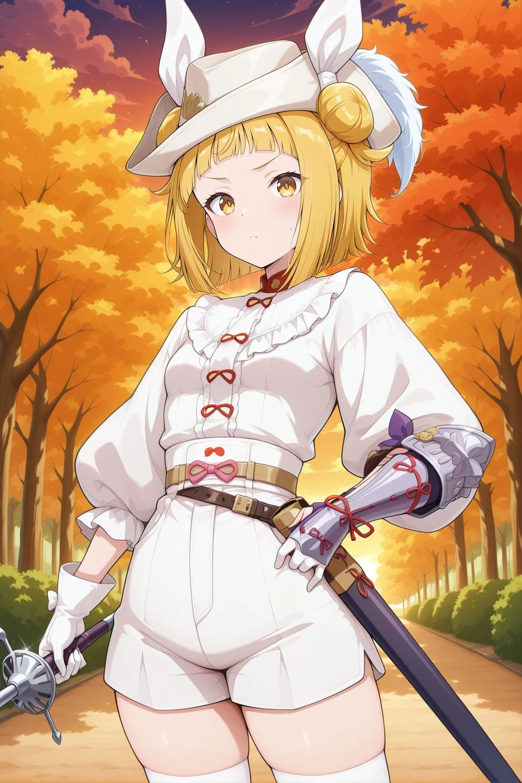 absurdres, highres, masterpiece, best quality, amazing quality, official anime artwork, screencap, anime screencap, outdoors, looking at viewer,
<lora:Mayumi-Joutouguu_Illustrious:1> joutouguu mayumi, 1girl, solo, yellow eyes, blonde hair, double bun, small breasts,, alternate costume, hat ribbon, white ribbon, white hat, hat feather, white feather, tricorne, white shirt, puffy long sleeves, white gloves, silver gauntlet, single gauntlet, white shorts, belt, white thighhighs, sheath, holding rapier,