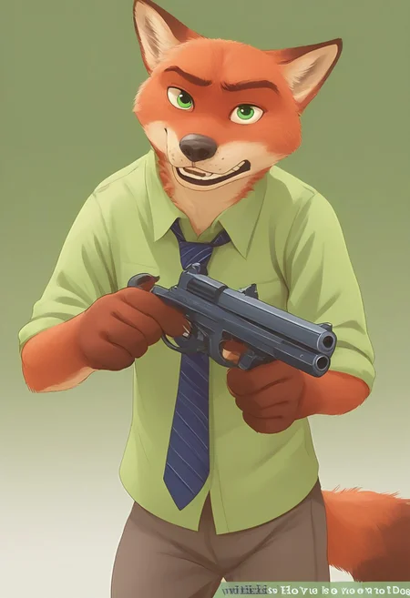 Score_9, score_8_up, score_7_up, score_6_up, score_5_up, score_4_up, BREAK 1boy, solo, green eyes, necktie, shirt, pants, tail, furry, holding gun, pointing gun at viewer, dialogue box, dialogue options