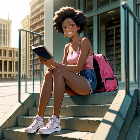 (masterpiece, newest, best quality, highly detailed, very awa, superfine illustration, official art style), very detailed face, hyperrealistic, (UHD quality details), 1girl, ebony_girl, sitting, sitting on steps, holding books, backpack, smiling, denim cutoffs, pink tanktop, spaghetti straps, sneakers, afro, outdoors, bright sunshine, library building, depth of field, 8k uhd, absurdres, volumetric lighting, tack sharp focus, beautiful composition, intricate detail, professional illustration