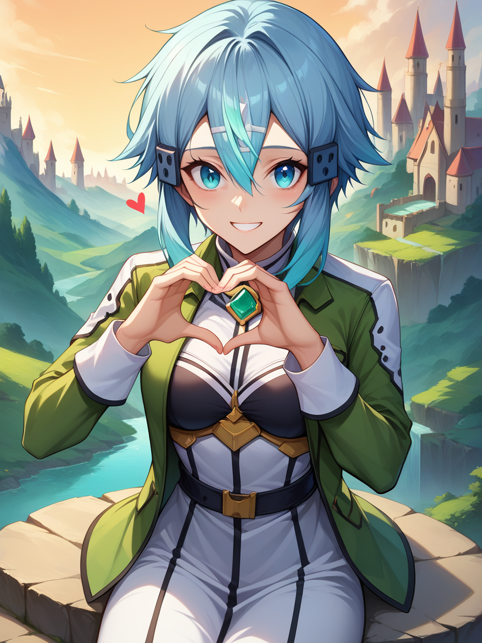 score_9, score_8_up,score_7_up, source_anime, expressiveh
sinon, light blue hair, light_blue_eyes, hair between eyes, hair ornament, hair ribbon,  short hair,
medium breasts,  fingernails,heart hands,  front view, 
  bottomless,   happy, green jacket, sitting on a stone, 
A medieval castle perched on a cliff overlooking a vast, misty valley, with rolling hills, dense forests, and a golden sunrise illuminating the scene.
<lora:Expressive_H:0.2>  <lora:sinon normal 0.6 ext:0.8>