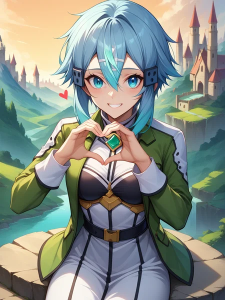 score_9, score_8_up,score_7_up, source_anime, expressiveh
sinon, light blue hair, light_blue_eyes, hair between eyes, hair ornament, hair ribbon, short hair,
medium breasts, fingernails,heart hands, front view,
bottomless, happy, green jacket, sitting on a stone,
A medieval castle perched on a cliff overlooking a vast, misty valley, with rolling hills, dense forests, and a golden sunrise illuminating the scene.
<lora:Expressive_H:0.2> <lora:sinon normal 0.6 ext:0.8>