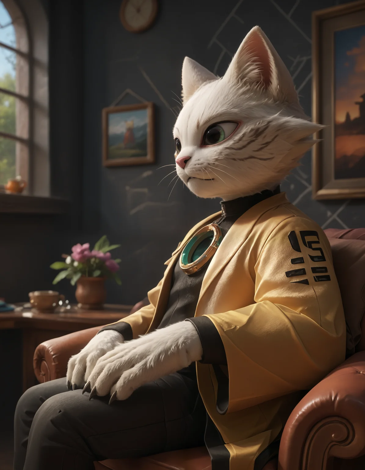 score_9, score_8_up, score_7_up, BREAK (anthro, furry:1.1), depth of field, cinematic lighting, masterpiece, detailed teeth, detailed hands, best quality, ultra realistic, 4k, 2k, film photography, RAW photo, photorealistic, analog style, subsurface scattering, photorealism, embedding:unaestheticXL_bp5, embedding:zPDXL,(best quality, high quality, 8K:1.5), <lora:add-detail-xl:3>, <lora:2.5DRealisticV2.safetensors:0.4>, <lora:fix_hands.safetensors:2.0>, <lora:sinfully_stylish_SDXL.safetensors:0.6>, <lora:AdvancedEnhancerXLv2.safetensors:1.0>, max detail, 4k wallpaper, masterpiece, best quality, absurdres, highres, solo, yi, domestic cat, felid, feline, felis, mammal, solarian, 4 fingers, white fur, anthro, black clothing, clothing, fingers, detailed background, male, solo, yellow clothing, <lora:Yi_Nine_Sols-10.safetensors:0.8> side view, half-length portrait, looking aside, hands between legs, colorful background flower mountain snow lightening, reclining bent legs