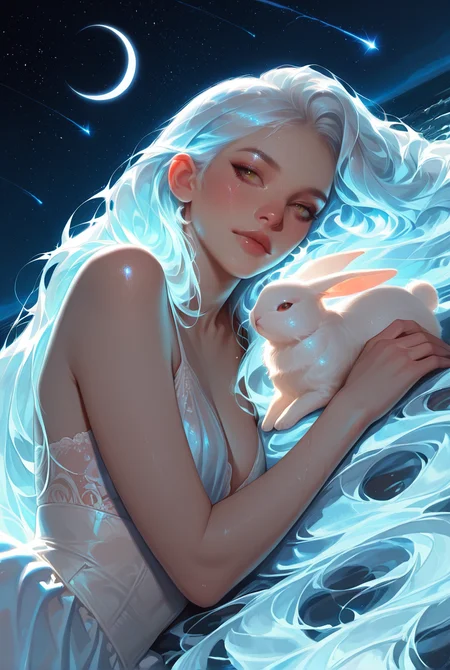 ultra realistic, masterpiece, high detailed skin, best quality, high res, very aesthetic, pseudo-realistic, semi-realism, (3l3ganc3:1.1), 1girl, realistic, detailed,  3l3ganc3, 1girl, 1girl, masterpiece, on side, night sky, crescent moon, dress, absurdly long hair, white hair, milky way, blue hair, glowing hair, shooting star, yellow eyes, upper body, pet white rabbit, <lora:elegance:1>