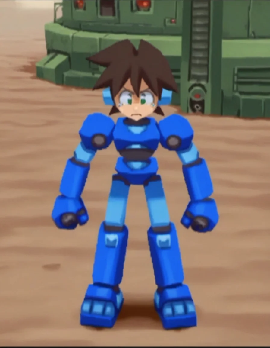 zPDXL, score_9, score_8_up, score_7_up, source_anime, 1boyl, solo,
<lora:RockLegend_v1:1> rcklgnd, tearing up, arched_back, mega man volnutt, mecha, mechanical arms, mechanical legs, robot joints, spiked hair, brown hair, green eyes, arm cannon, machinery, blue armor, short hair,