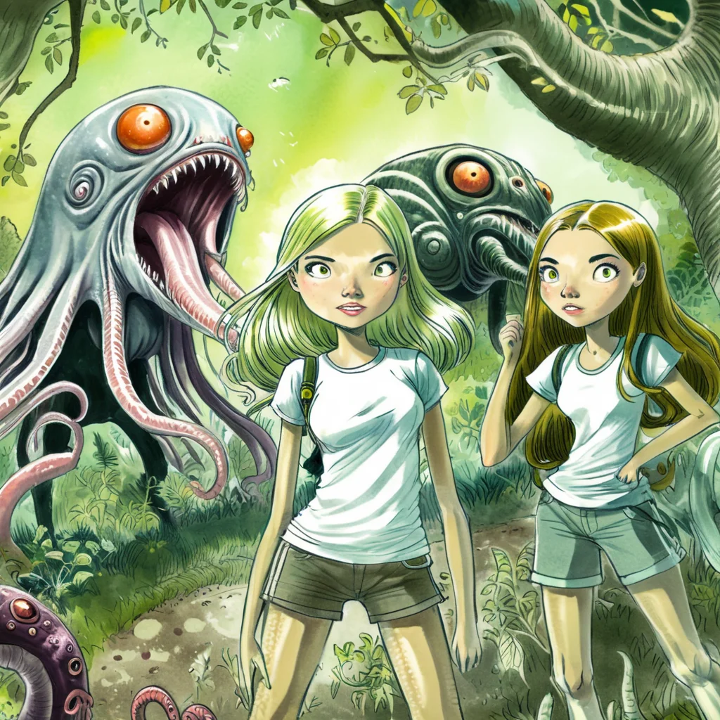 drawix3 girls in the garden in the background of trees and a creature with tentacles, very detailed, cartoon<lora:drawix3:0.9>