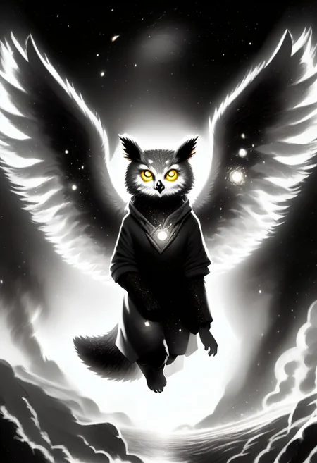 Score_9, Score_8_up, Score_7_up, lora:Navi_Celestial_Skin_PonyXL:1.1 nv-celestialskin, redpandafolk, rabbitfolk, owlfolk, foxfolk, sketch, monochrome, greyscale, YR_GradLight, 0u73r5p4c3, space, planet, nebula, galaxy, asteroid, GalaxyTelepurteSDXL, StarrySkies, scenery, stars (sky), background, night sky, vibrant colored skin, void cosmic body, deep black skin, ethereal silhouette, nebula patterns, animal theme focus, majestic owl