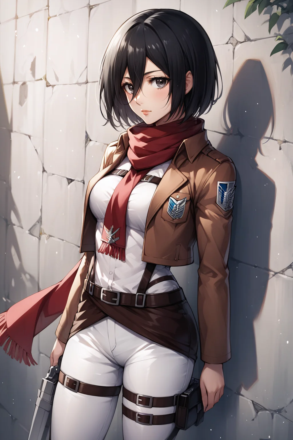 score_9, score_8_up, score_7_up, score_6_up, score_5_up, score_4_up, BREAK source_anime, <lora:mikasa ackerman-PonyXL:0.8> mikasa ackerman, black eyes, black hair, short hair, white shirt, thigh strap, open cropped brown jacket, red scarf, white pants, survey corps \(emblem\), boots, standing,