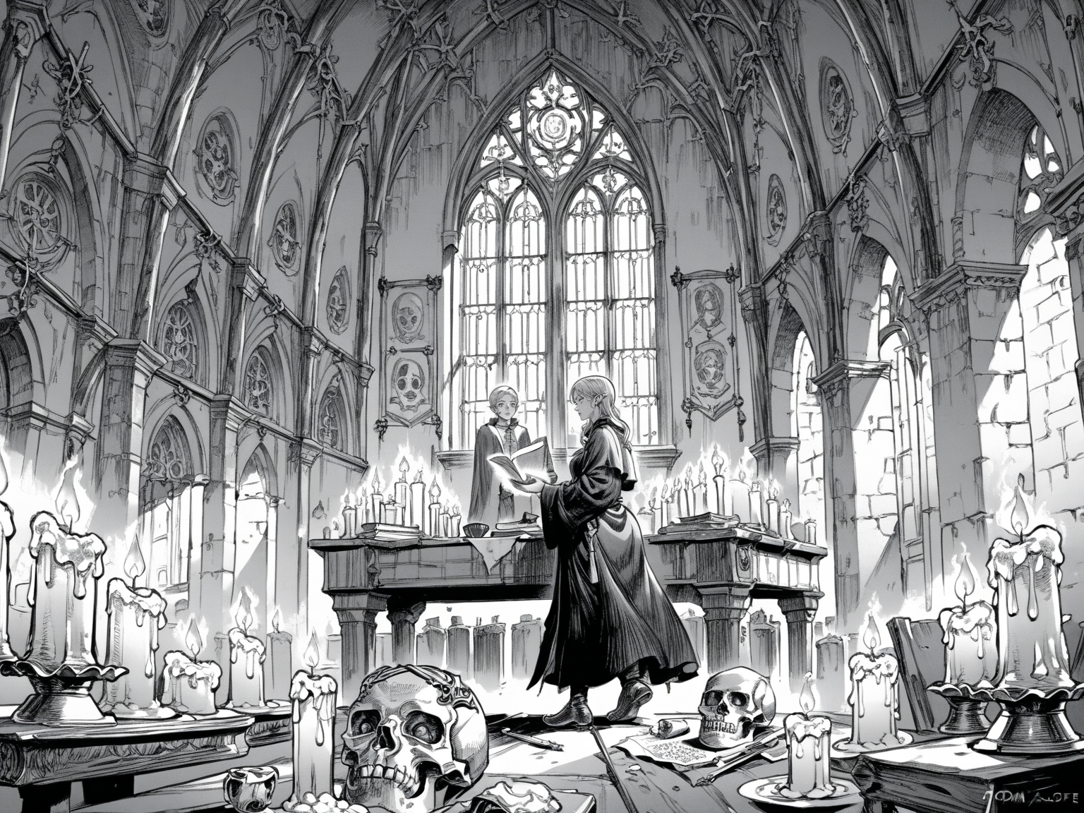 adult woman, elf, green eyes, blonde hair, necromancer, black robe, standing, practicing magic, potions and green crystals on the table, skull, candles, window, dark magic, night, solo, indoors,
, <lora:Berserk:0.8>, score_9, score_8_up, score_7_up, zPDXL3, monochrome, greyscale