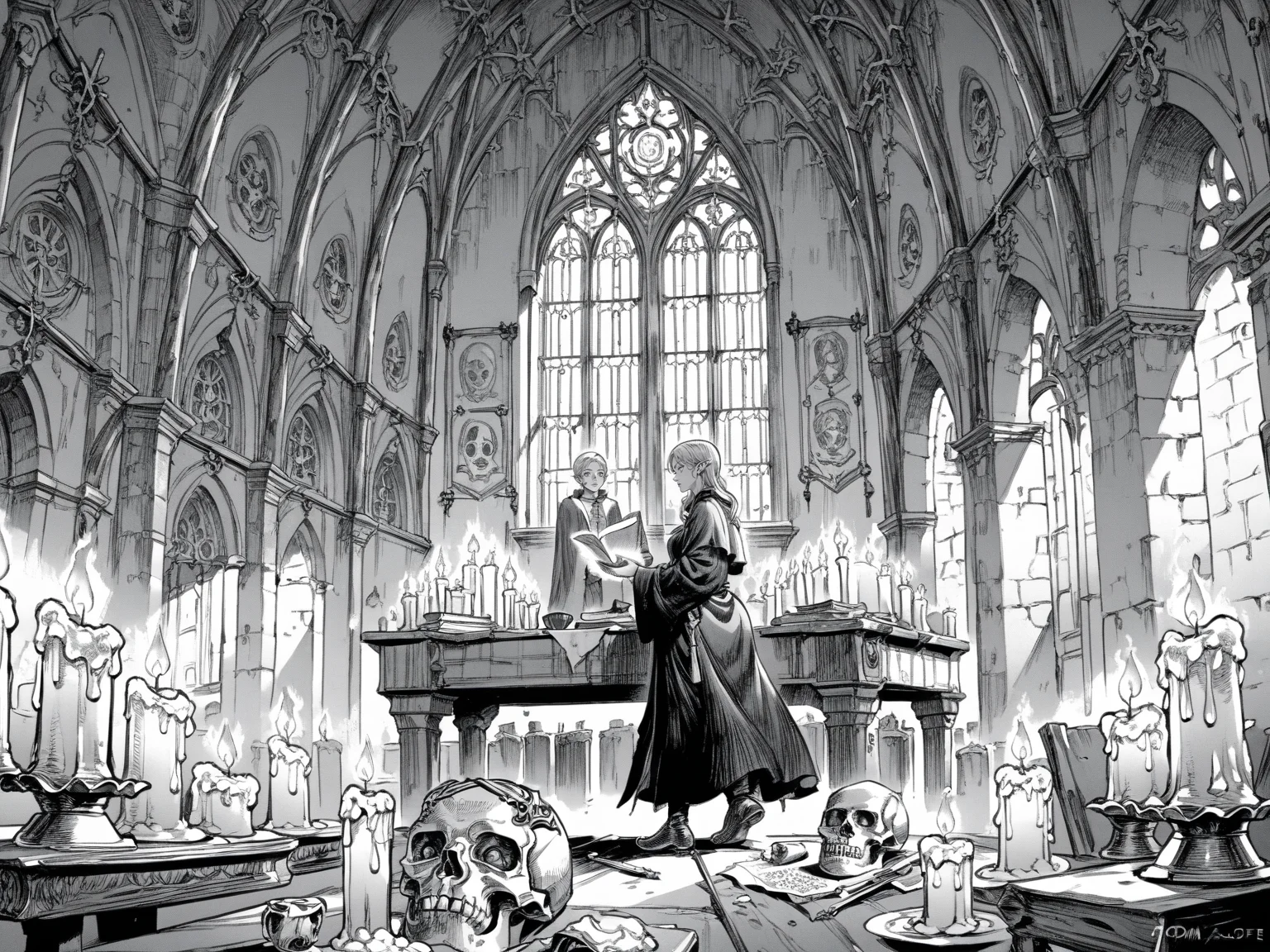 adult woman, elf, green eyes, blonde hair, necromancer, black robe, standing, practicing magic, potions and green crystals on the table, skull, candles, window, dark magic, night, solo, indoors,
, <lora:Berserk:0.8>, score_9, score_8_up, score_7_up, zPDXL3, monochrome, greyscale