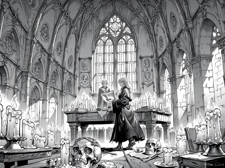 adult woman, elf, green eyes, blonde hair, necromancer, black robe, standing, practicing magic, potions and green crystals on the table, skull, candles, window, dark magic, night, solo, indoors,
, <lora:Berserk:0.8>, score_9, score_8_up, score_7_up, zPDXL3, monochrome, greyscale