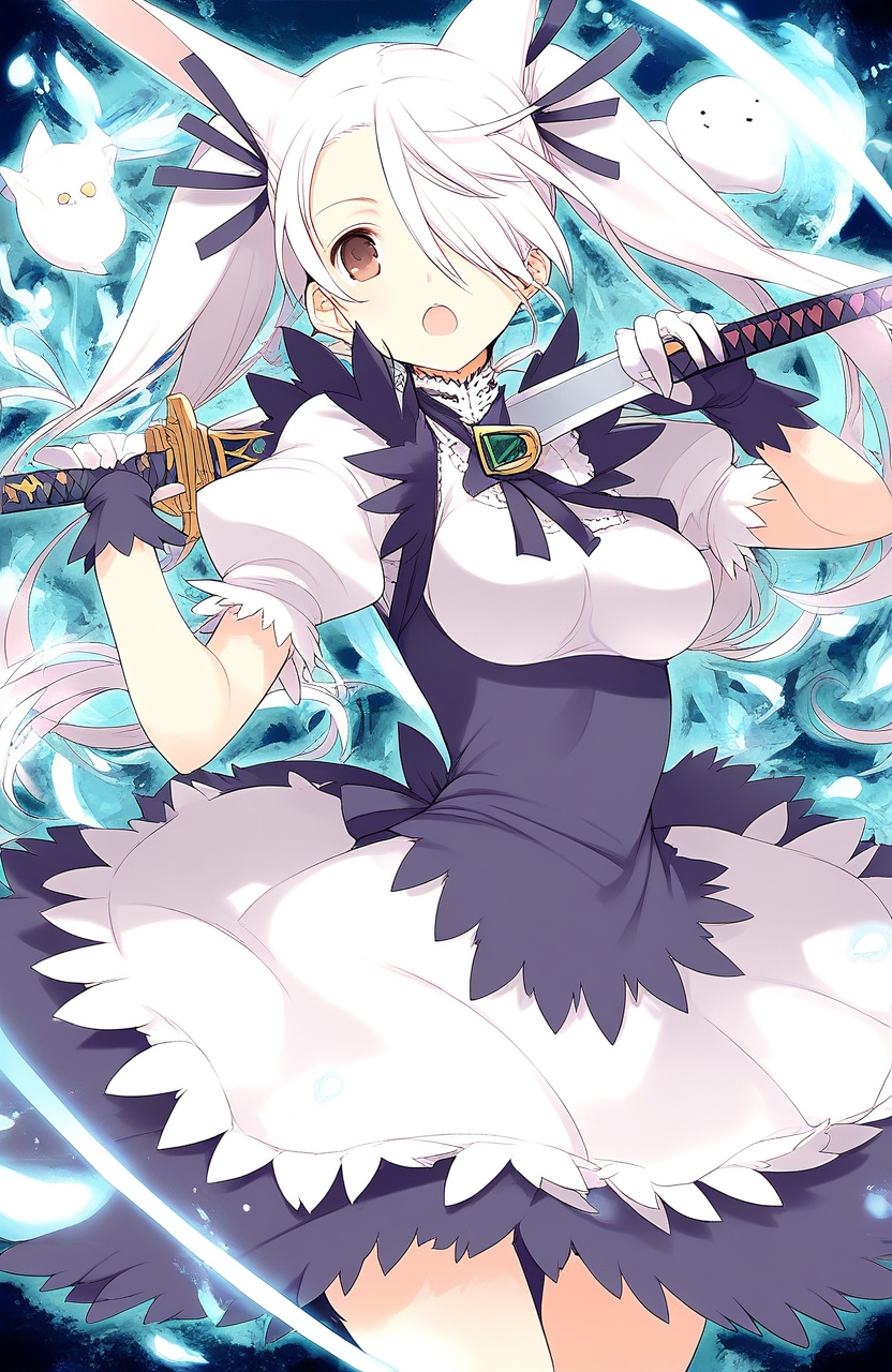 score_9, score_8_up, score_7_up, source_anime, rating_explicit, BREAK  <lora:Aliese_Martini_Ver2.0_XL:1> Aliese_Martini, 1girl, solo, long hair, weapon, sword, open mouth, hair over one eye, white hair, holding, holding weapon, breasts, puffy sleeves, holding sword, animal ears, dress, brown eyes, looking at viewer, short sleeves, gloves,
