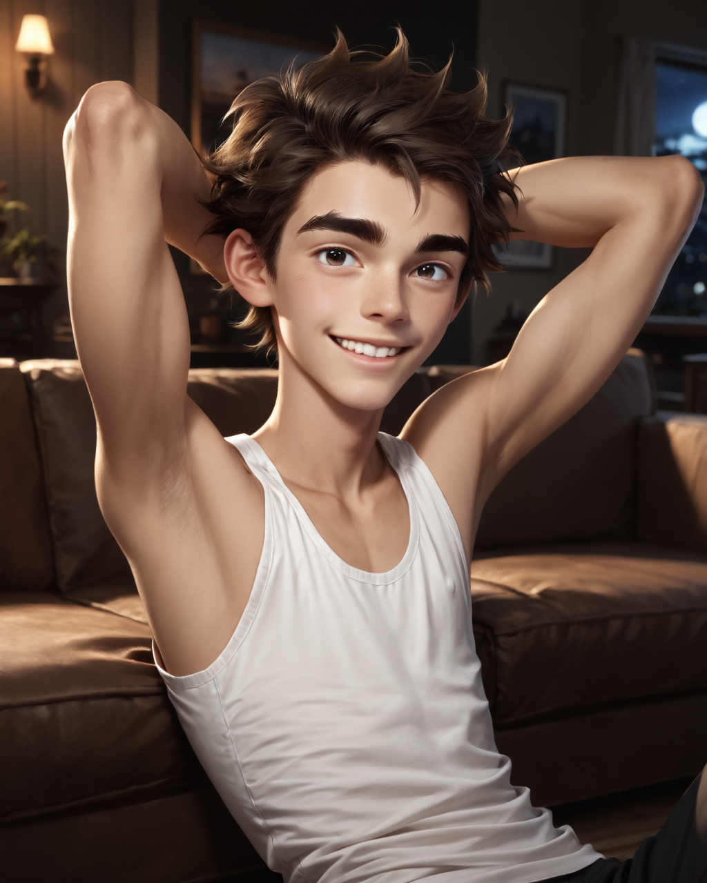 score_9, score_8_up, score_7_up, intricate details, rating_questionable,
<lora:homri52:1>
,
<lora:Mylo_Arcane:0.8>, 1boy(mylo, young man, slender, brown hair, thick eyebrows, thin, looking at the viewer, solo, happy, 
cowboy shot, sitting on a sofa, leaned back, arms raised, hands behind head, typical clothing), comfy living room, at night, dark room, low light,
4k,
detailed background, depth of field, 
<lora:ral-chrosc-clr:0.5>, ral-chrosc-clr,
<lora:Expressive_H:0.5>, Expressiveh,
<lora:xl_more_art-full_v1:0.3>,
<lora:add-detail-xl:0.3>,