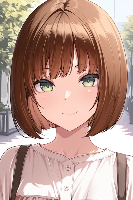 masterpiece, best quality, amazing quality,
 <lora:Alternate_ILV3:1> g2, 1girl, smile, pretty, portrait, bob cut, casual clothes, portrait, green eyes, outdoor, brown hair,