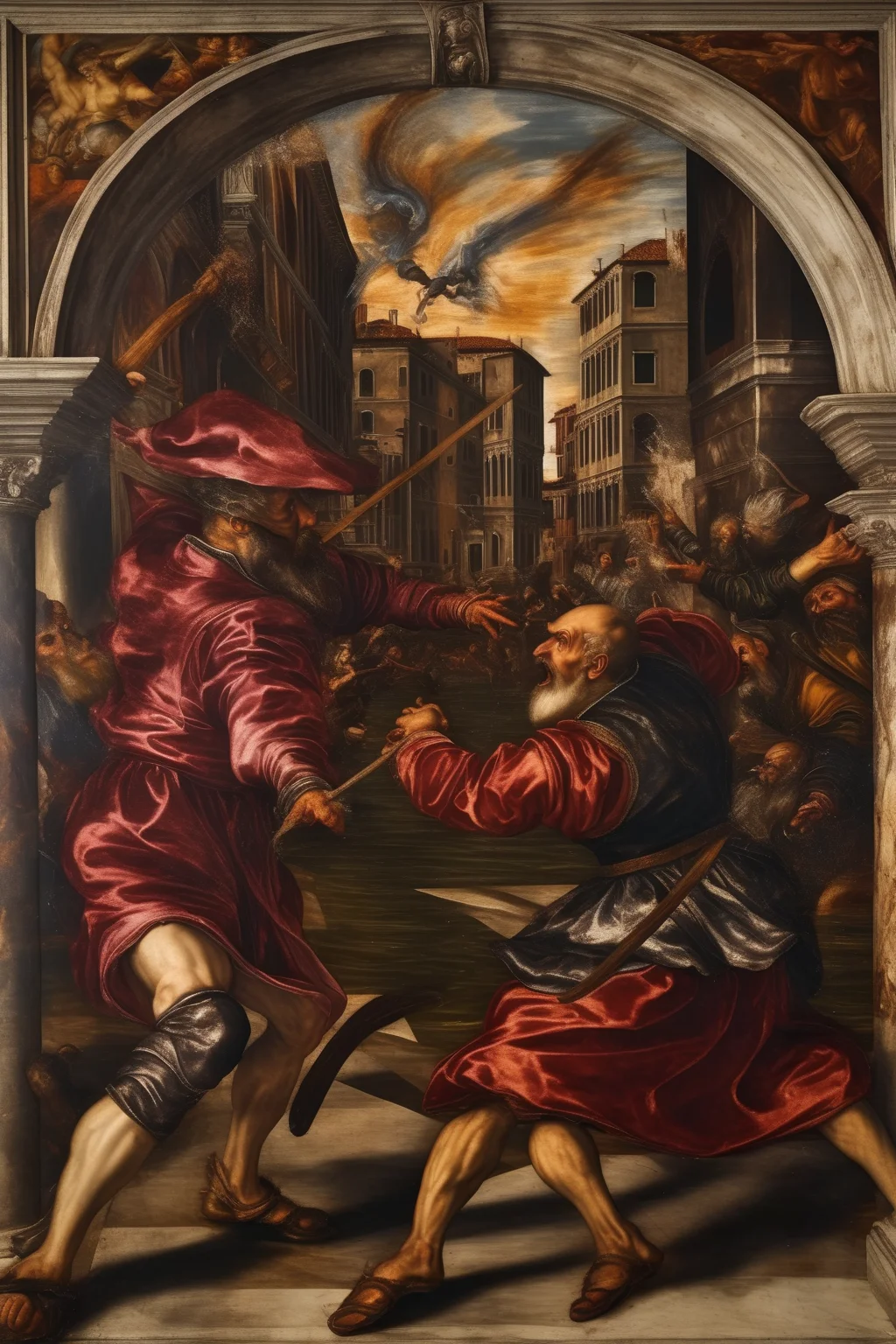 <lora:Tintoretto Style:1>Tintoretto Style - wizards fighting each other in 16th century venice