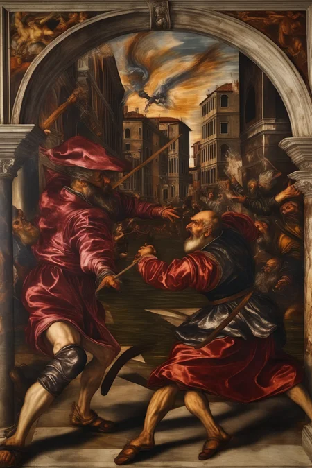 <lora:Tintoretto Style:1>Tintoretto Style - wizards fighting each other in 16th century venice