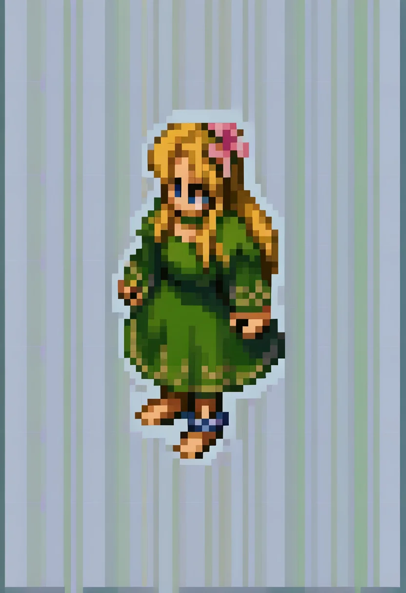 score_9, score_8_up, score_7_up, source_anime, BREAK, solo, 1girl, <lora:FFT-SpritesV2-pdxl_Fp:1>, looking at viewer, from side, full body, standing, solid oval eyes, no mouth, no nose, pixel art,  <lora:Titania-pdxl_Fp:1>, titaniasmt, blue eyes, blonde hair, long hair, hair flower, fairy wings, green dress, choker, anklet