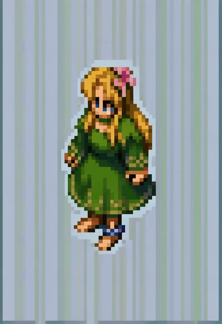 score_9, score_8_up, score_7_up, source_anime, BREAK, solo, 1girl, <lora:FFT-SpritesV2-pdxl_Fp:1>, looking at viewer, from side, full body, standing, solid oval eyes, no mouth, no nose, pixel art, <lora:Titania-pdxl_Fp:1>, titaniasmt, blue eyes, blonde hair, long hair, hair flower, fairy wings, green dress, choker, anklet