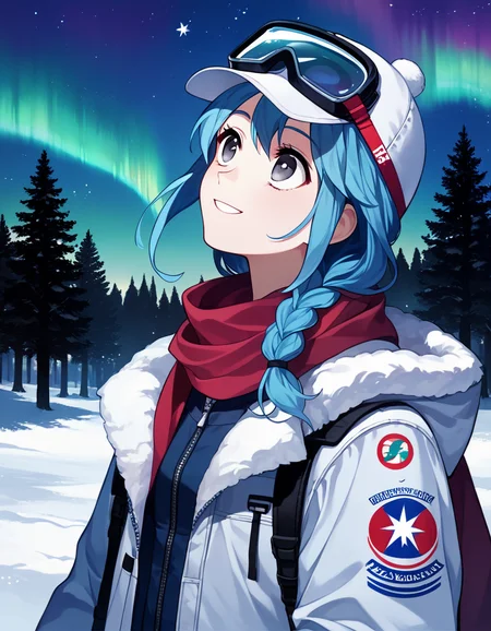 score_9, score_8_up, score_7_up, (fumio), 1girl, ski goggles, goggles on head, ski cap, ski coat, scarf, blue hair, braid, grey eyes, trees, slope, night, stars, aurora, looking up, smile, awe, amazement and wonder <lora:1_xl_fumio_13e:.85>