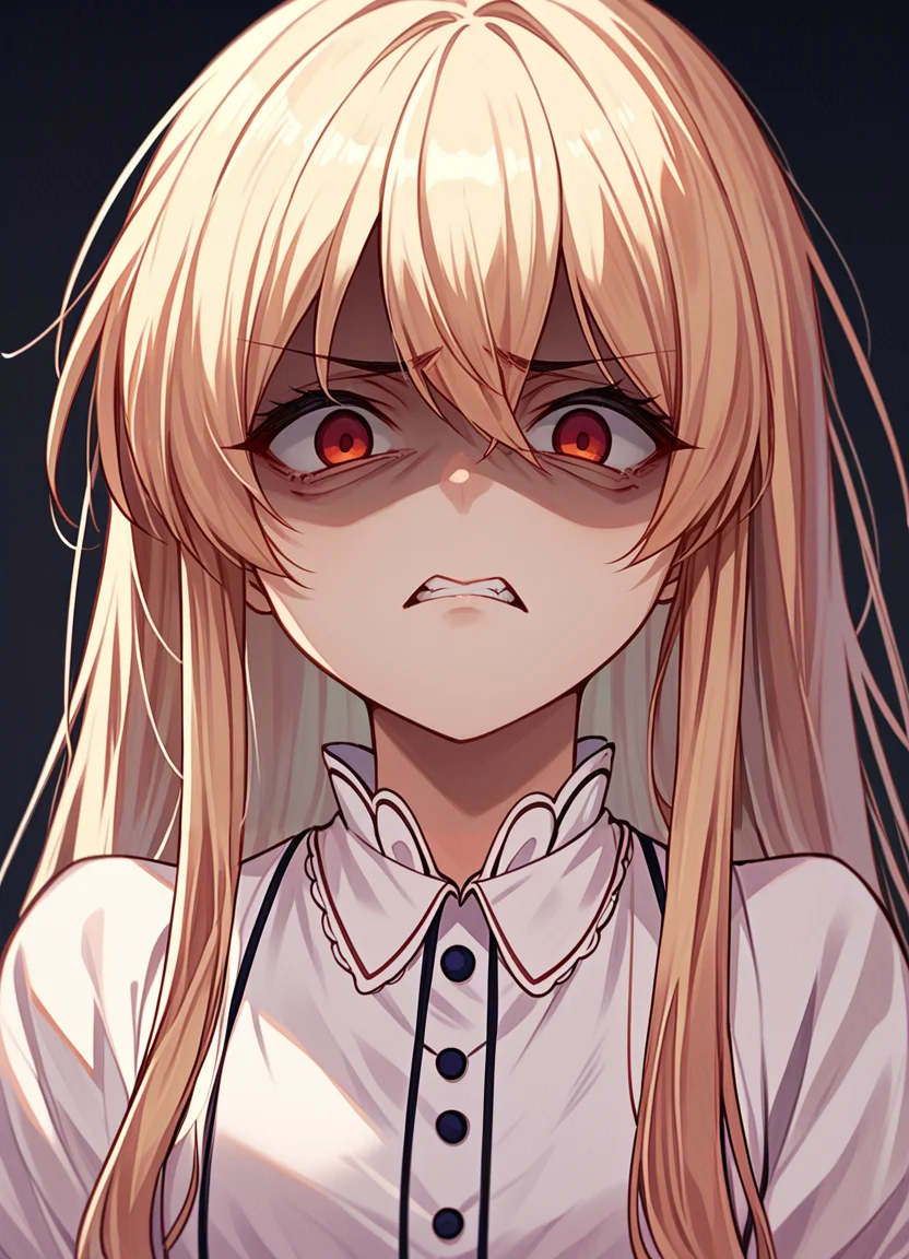 score_9,score_8_up,score_7_up,score_6_up, source_anime, <lora:disgusted_face_xl_goofy:1> disgusted face, solo, 1girl, looking at viewer, disgust, dress, upper body, white background , long hair, hair pulled back,shaded face,