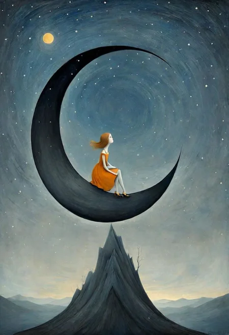 Neo Surrealism, overwhelmed by reason, by Gabriel Pacheco and Max Ernst, existential residues dark shines surrealism, deep blue, gray and orange color scheme, fantasy Victorian art, magical realism bizarre art, pop surrealism, like Alice in wonderland, whimsical art. Generate an illustration of an Vincent van Gogh sitting on a crescent moon in the sky looking at the starry nights. The figure should have a mysterious aura.
