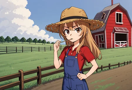 Aisaka_Taiga, 1girl, solo, flat chest, brown_eyes, female, farm, field, farmer, wooden house, working, work clothes, freckles, straw in mouth, straw hat, cowboy