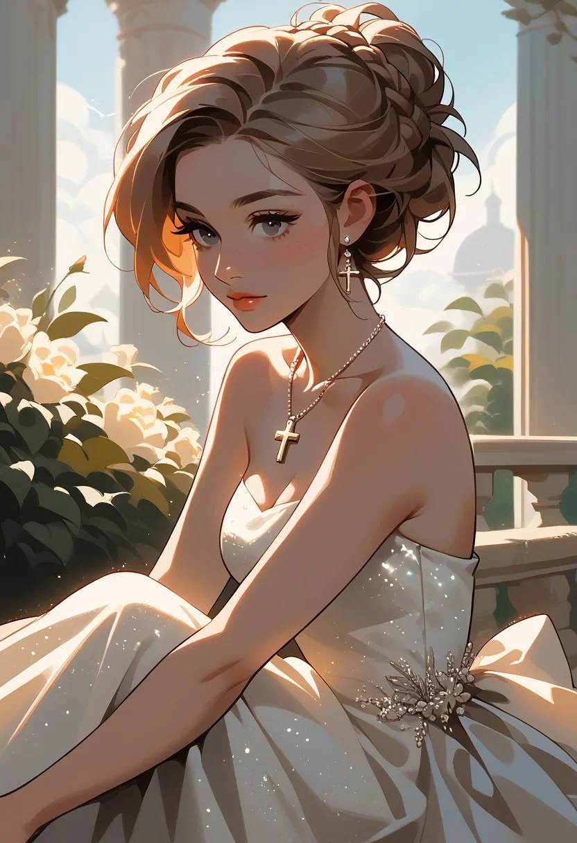 score_9, score_8_up, score_7_up, score_6_up, 1girl, <lora:bg4XLP:0.8> bg4, French braid, close up, candid, sitting, cross legged, elegant, sparkling, dress, necklace, large boobs, pendant, round butt, outdoor wedding,