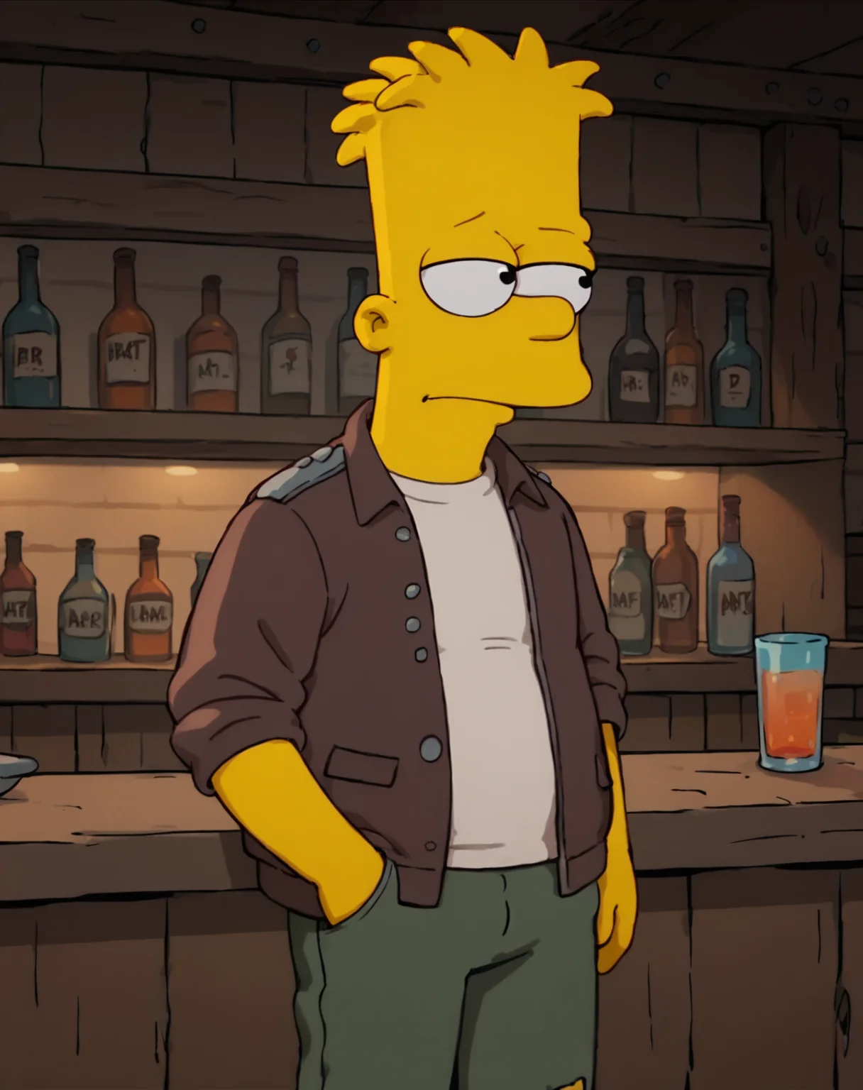 score_9, score_8_up, score_7_up, 1boy, solo, bart simpson, blonde hair, black eyes, circle eyes, dot pupils, yellow skin, standing, jacket, pants, bar, cowboy shot,<lora:AdultBart9:0.8>,