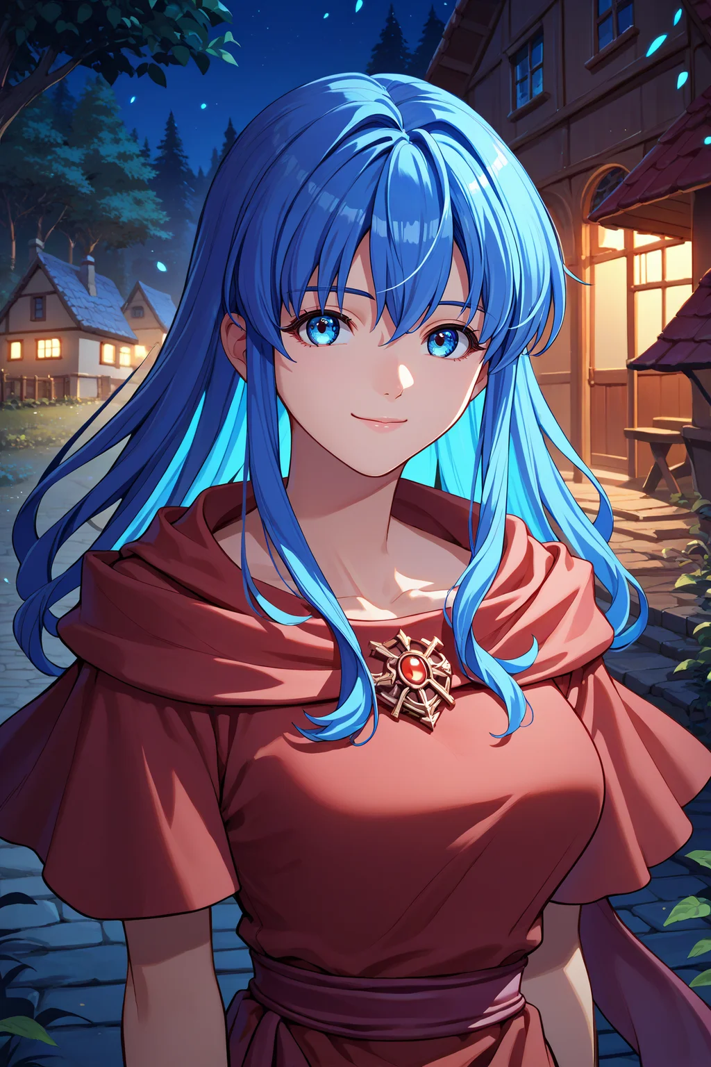 score_9, score_8_up, score_7_up, score_6_up, source_anime, 1girl, solo, <lora:ysreah-pdxl-nvwls-v1-000005:1> reah, blue hair, long hair, blue eyes, red scarf, red cloak, red dress, bracelet, night, village, forest, upper body, looking at you, smile, arms at sides, big breasts