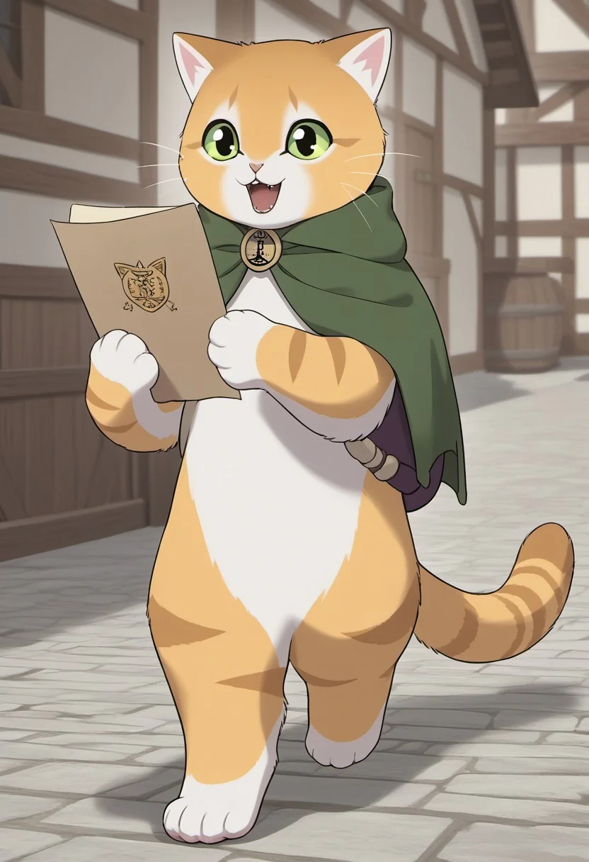 score_9, score_8_up,score_7_up,masterpiece, best quality,,solo,easynegative,Thro, cat, green eyes, holding, no humans, open mouth, solo, walking, outdoors, cloak, paper, full body, animal focus, cape, holding paper, tail, smile, furry, animal, collar, standing, :d