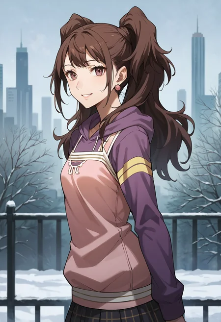 score_9, score_8_up, score_7_up, score_6_up, score_5_up, score_4_up, source_anime
1 girl, solo,
p4rise, kujikawa rise, long hair, brown hair, earrings, twintails,
p4rise-wincas, hoodie, purple hoodie, hood, tank top, pink tank top, layered clothes, skirt, pantyhose,
outdoors, cityscape, trees, cold, winter, foggy breath, looking at viewer, smile, side view,
masterwork, masterpiece, best quality, hyper-detailed