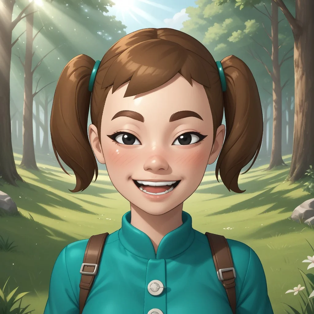 score_9, score_8, BREAK, solo, mii, wii, black eyes, brown eyebrows, blush, open mouth, dark greenish brown hair, twintails, dark green clothing, 1girl, female mii, wii sports, black pants, shoes, cute, breasts, Midori_(Wii_Sports), nintendo Mii, modern_mii, classic_mii, sexy pose, smile, outdoors, sunlight, shadows, evening lighting, natural lighting, forest, trees, grass, orange sky, sunset