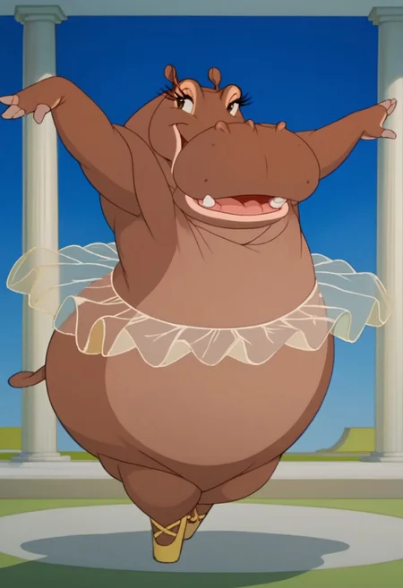 score_9, score_8_up, score_7_up, BREAK, furry female, full body, indoors, hippopotamus, sideways, standing, open mouth, sketch, fangs, blue background, yellow ballet slippers, dancing, transparent tutu, open eyes, seductive looks, curvy body,