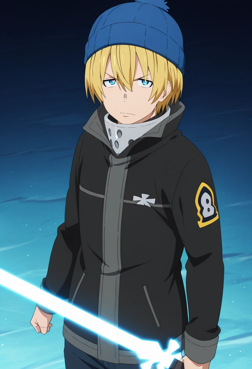 masterpiece, best quality, intricate details, anime screencap, , official style, looking at viewer, 1boy, solo, male focus, <lora:arthur_boyle_ilxl:0.96>, arthur_boyle, blonde hair, blue eyes, short hair, hair between eyes, , holding sword, energy sword, , , ski hat