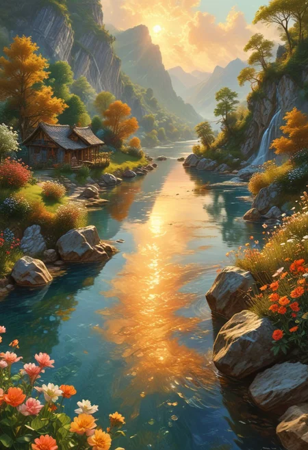 Elves homes from Lord of the rings book, cozy, warm, magical, alluring, hazel-eyes, bright, OverallDetail, Magical beautiful background, fantasy, wild, hyper-detailed hyper-maximalist, dynamic. A crystal-clear river meanders lazily through the valley, its sparkling waters reflecting the blue sky above. The horizon is dotted with puffy white clouds, casting soft shadows across the landscape. The air is filled with the sweet scent of flowers and the song of birds, creating a harmonious symphony of nature. A warm golden glow bathes the entire scene, painting everything in warm hues, as the setting sun slowly dips below the horizon, signalling the end of another day in this idyllic natural landscape.