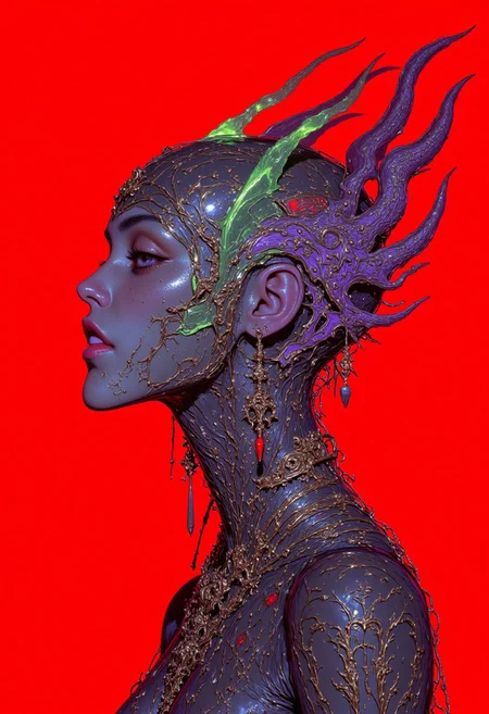 This is a highly detailed digital illustration of a woman with fair skin, wearing a translucent and transparent headgear that covers her entire head, creating a surreal, futuristic effect. The headgear is delicate, yet striking, with subtle geometric patterns etched into its surface. Attached to the headgear are glowing, toxic-colored horns that twist upward in sharp, angular shapes, emitting a faint green and purple glow. Beneath the translucent surface, fangs emerge from her lips, further enhancing the otherworldly, fierce look. The background is red and minimalistic with non-linear black and white lines drawn in a way to create an visual art of the highest artistic influence, allowing the glowing elements to stand out, creating a haunting, high-fashion, sci-fi aesthetic.