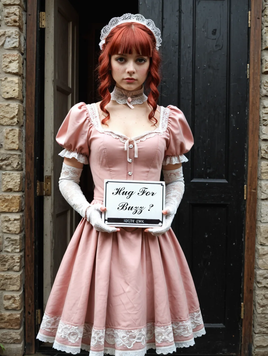 score_9, score_8_up, score_7_up, BREAK,
Victorian Gothic Romance, gothic, victorian, 1890 cloth, Gothic Romance 1890s,
high_quality, highres, detailed, masterpiece, best quality, absurdres, 1girl standing, long red hair, wavy hair, blunt bangs, no glasses, small breasts, slim, pale skin, freckles, pleading expression, wearing victorian dress, (pink dress), lace, high neck, long ruffled sleeves, white pantyhose, silver buttons, sweet, Victorian furniture, need_buzz, holding sign,