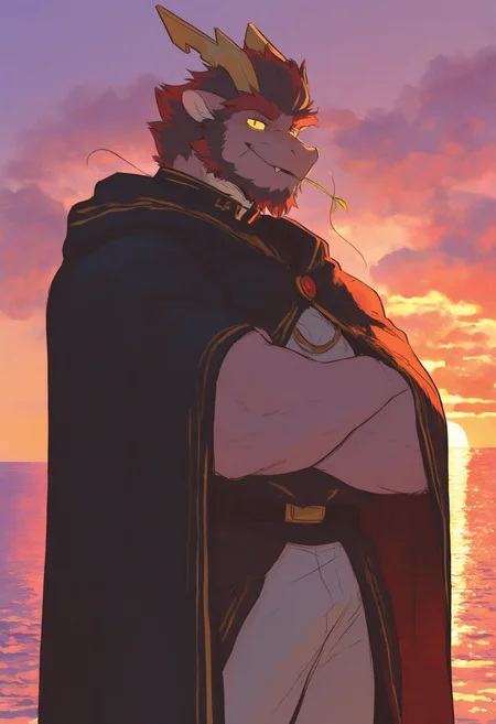 masterpiece, best quality, dragon boy, multicolored hair, yellow sclera, <lora:Tarjumdad-NOOB-0524-000200:1> Tarjumdad, 1boy, male focus, solo, crossed arms, furry, furry male, facial hair, bara, stalk in mouth, muscular, red hair, muscular male, short hair, animal ears, white background, multicolored hair, horns, dragon boy, mature male, smile, goatee, cowboy shot, beard, cape, thick eyebrows, tusks, dragon boy, <lora:KonyaKarasue-Lokr-NOOBEPS110-000040:1> <lora:748cm-NoobEPS100-lokr-v03-000080:1> seaside, dusk, twilight, looking at viewer, Cirrocumulus, the sparkling sea