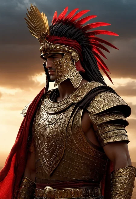 A powerful Mesopotamian warrior standing tall in ancient armor, holding a curved sword in one hand and a round shield in the other. He is dressed in intricately detailed armor made of bronze, with golden accents and decorative patterns inspired by ancient Mesopotamian art. His attire includes a long tunic with embroidered designs, a leather belt, and a headdress resembling those worn by the warriors of ancient Sumer or Akkad. His strong, determined face is framed by a short beard and a serious gaze. The warrior stands on a dusty battlefield, with towering ziggurats and distant city walls in the background. Above, the sky is overcast, with dark clouds rolling in, and a fierce wind blowing across the scene. The color palette is a mix of earthy browns, golds, and deep reds, giving the scene a sense of ancient power and civilization.
, moody light, by H.R Giger, 4k resolution digital art trending on Artstation and unreal engine 5, hyperrealism, full body shot, glowing eyes, cinematic, epic, masterpiece, surreal, fantasycore, hyperdetailed, ultra realistic, octane render, volumetric lighting, depth of field, bokeh, 8 <lora:Details:0.85>