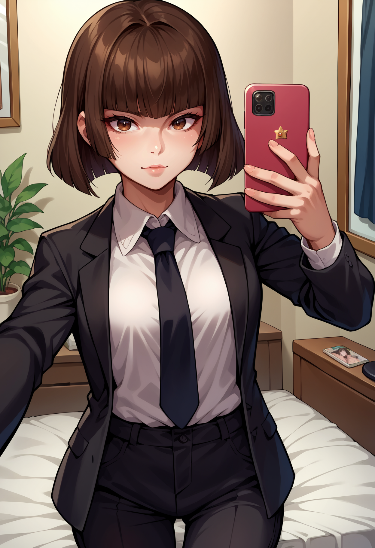 score_9, score_8_up,score_7_up, source_anime,1girl, solo, <lora:EPmhrRondine:1>,EPmhrRondine, short hair, brown eyes, blunt bangs, bob cut, brown hair,  business suit, black pants, white collared shirt, black suit, black jacket, black necktie, selfie, taking picture, mirror selfie, bedroom, bed, mirror,