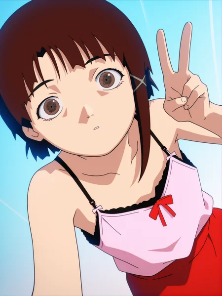masterpiece, best quality, amazing quality, absurdres, newest, dynamic_angle, defined facial features, anime coloring, anime screencap,
<lora:Lain_IL1.1v0:1.5> iwakura lain \(sel\), red skirt, red bow, peace sign, v:1.2, pink camisole, black camisole, white background,