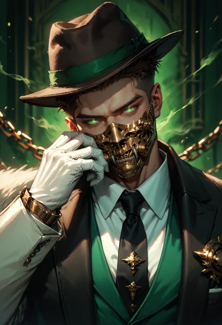(score_9, score_8_up), score_7_up, 1boy, solo, simple background, blue eyes, half closed eyes, portrait, head tilt, muscular male, bara, manly, tsurime, mature male, looking at viewer, serious, dark green background, black and dark green theme, chains, fedora, brown hair, crew cut, suspenders, close up, hand on face, crew cut, short hair, green smoke, white gloves, necktie, suit, jewelry, white shirt, green vest, coat, gold mask, mouth mask, realistic, sinister, blurry background, depth of field, DOF, chaos,    <lora:Mafia_Outfit:0.5>
