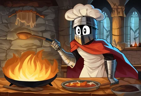 knight, big eyes, helmet, cape, big helmet, castle, stone wall, backlit, edgelit, huge gauntlets, cooking, holding a frying pan, fraying pan, pots, beard, chef hat on helmet, helmet, chef hat, lanterns, character focus,
