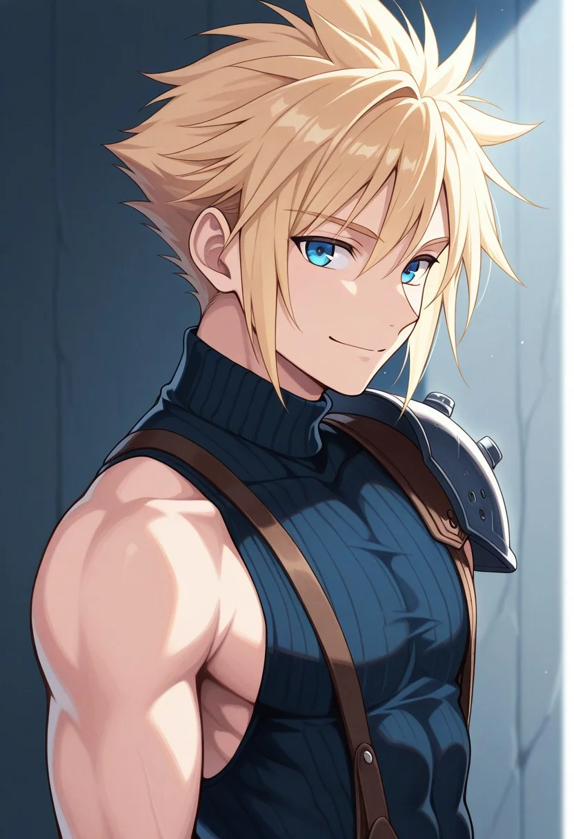 masterpiece,best quality,amazing quality, source_anime,
SoutouKumo, 1boy, male focus, solo, blue eyes, blonde hair, spiked hair, shoulder armor, single bare shoulder, sleeveless turtleneck, toned male, smile, looking at viewer,